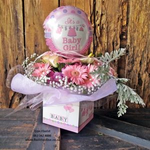 It's a Baby arrangement in a box with a foil balloon. Eros Florist