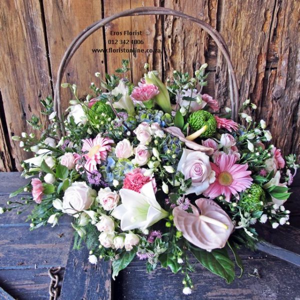 pink flower basket - Eros Florist